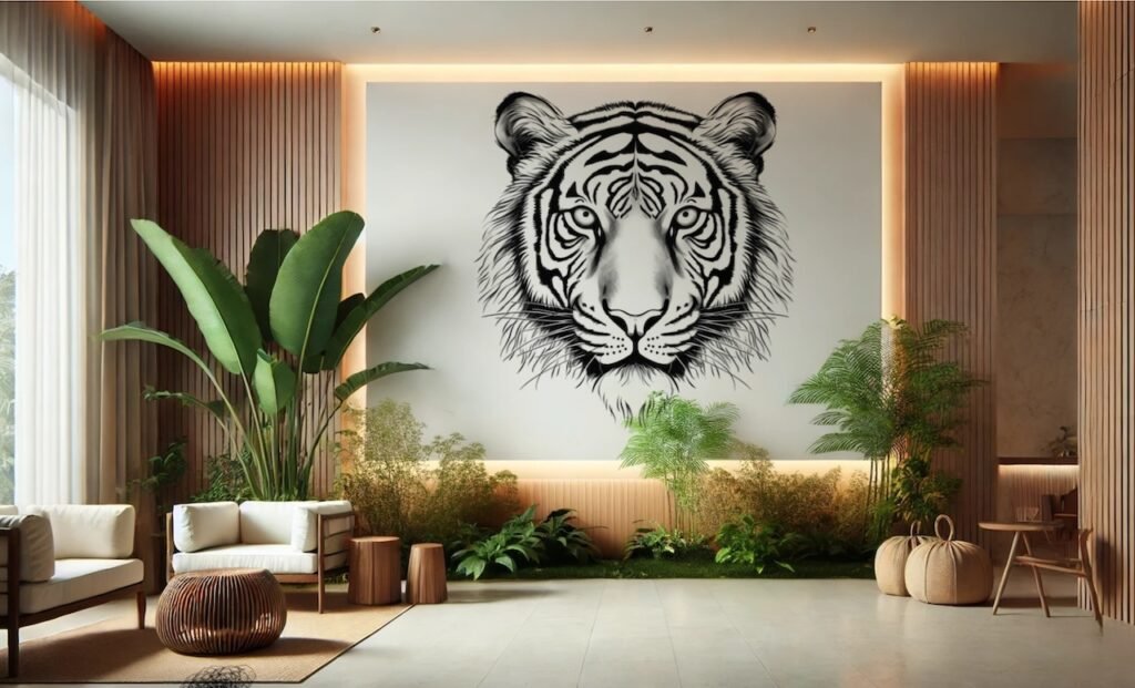 Fresque murale repr&eacute;sentant la t&ecirc;te d&rsquo;un tigre dans l'accueil d'une entreprise, d&eacute;coration murale imposante et captivante.